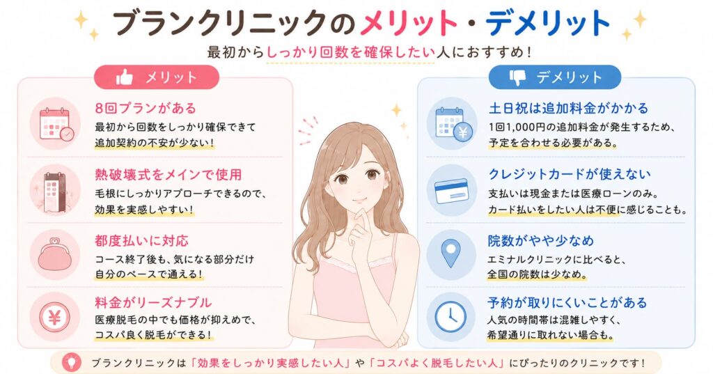 ブランクリニックのメリット・デメリットをまとめた比較イラスト。ピンクとブルーを基調に、メリットでは「8回プラン」「熱破壊式メイン」「都度払い対応」「料金がリーズナブル」などを紹介。デメリットでは「土日祝の追加料金」「クレジットカード不可」「院数が少なめ」「予約が取りにくい場合がある」などを分かりやすく解説している。中央には悩む女性のイラストを配置した、淡い韓国風デザインの比較画像。
