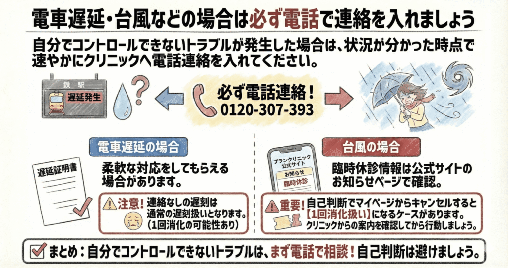 電車遅延・台風などの場合は必ず電話で連絡を入れましょうのイラスト