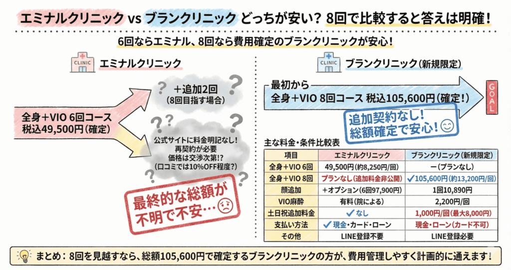 エミナルクリニックとブランクリニックどっちが安い？8回で比較すると答えは明確のイラスト
