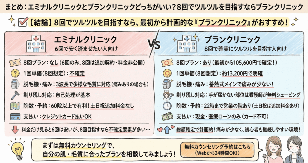 とめ：エミナルクリニックとブランクリニックどっちがいい？8回でツルツルを目指すならブランクリニックのイラスト
