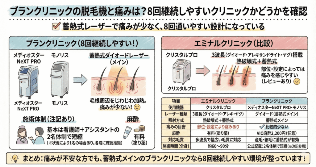 ブランクリニックの脱毛機と痛みは？8回継続しやすいクリニックかどうかを確認のイラスト