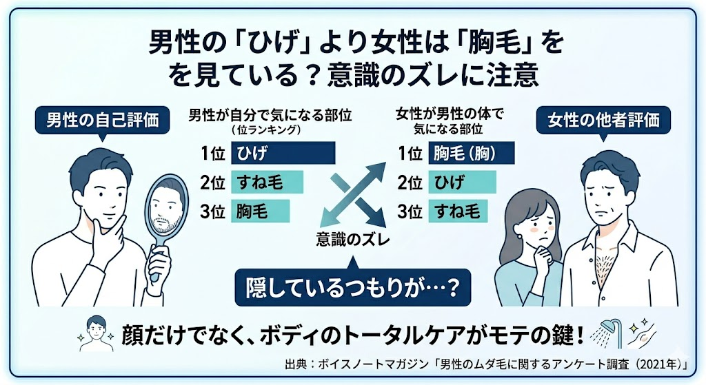 男性の「ひげ」より女性は「胸毛」を見ている?意識のズレに注意